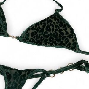 Unbranded Bikini Set Women S Green Excellent Leopard Velvet Pearl Hardware